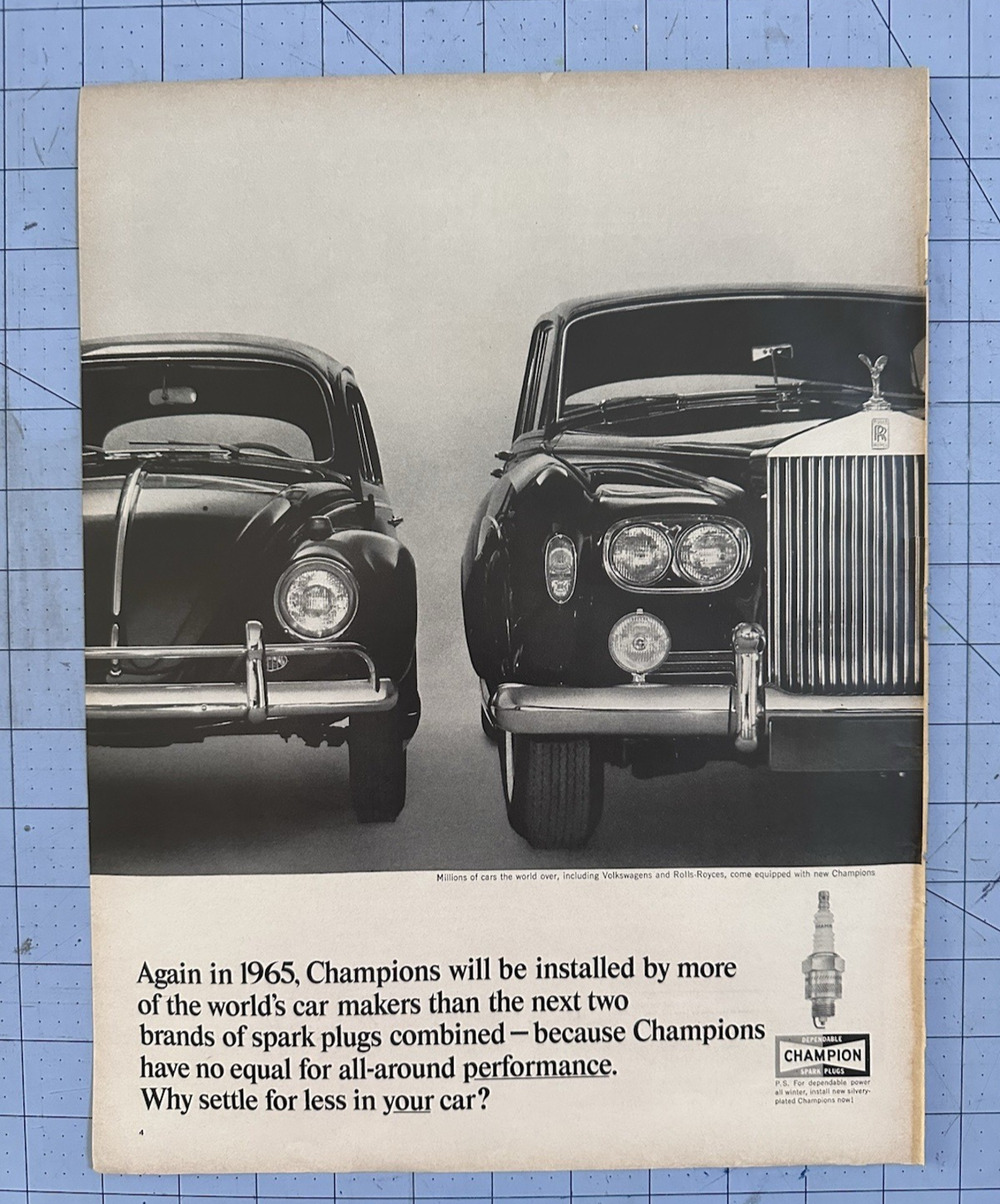 1964 Print Ad Champion Spark Plugs Volkswagen Bug Rolls Royce Vintage